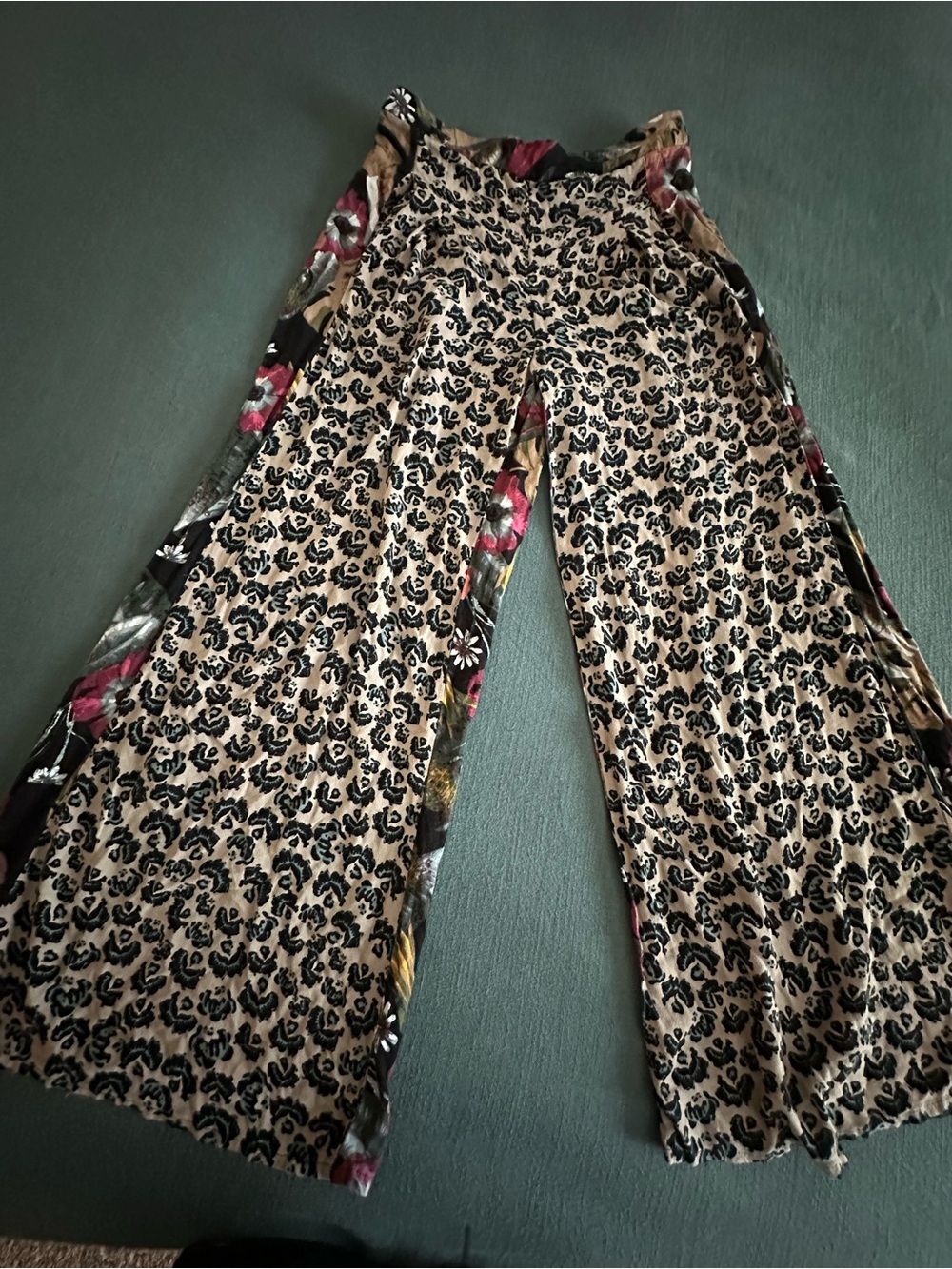Free People Beige and Black Wide-Leg Mixed Print Palazzo Pants with Pink Accents